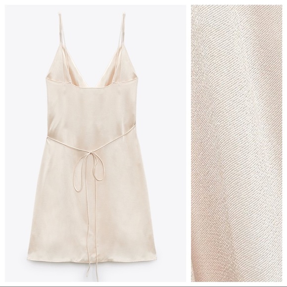 🌹NWT. Zara Nude Beige Satin Effect Wrap Mini Dress. Size S. - Picture 7 of 11